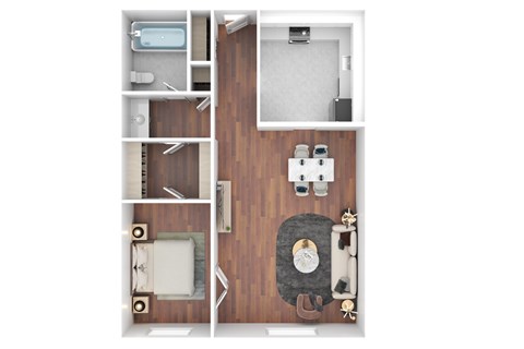 Floor plan for 1 bed, 1 bath, 679 sqft